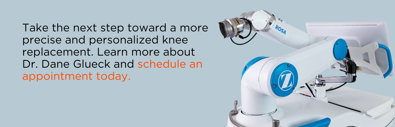 Graphical call to action. There is a medical device on the right, a blue background, and text that says to schedule an appointment with Dr. Dane Glueck.